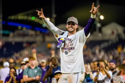 Jun 26, 2023; Omaha, NE, USA; LSU Tigers center fielder Dylan Crews (3) celebrates after winning the College World Series over the Florida Gators at Charles Schwab Field Omaha. Mandatory Credit: Dylan Widger-USA TODAY Sports