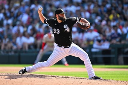 Jun 24, 2023; Chicago, Illinois, USA;  Chicago White Sox pitcher Lance Lynn (33) pitches against the Boston Red Sox at Guaranteed Rate Field. Mandatory Credit: Jamie Sabau-USA TODAY Sports