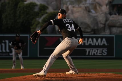 Jun 27, 2023; Anaheim, California, USA; Chicago White Sox starting pitcher Michael Kopech (34) throws in the third inningagainst the Los Angeles Angels at Angel Stadium. Mandatory Credit: Kirby Lee-USA TODAY Sports