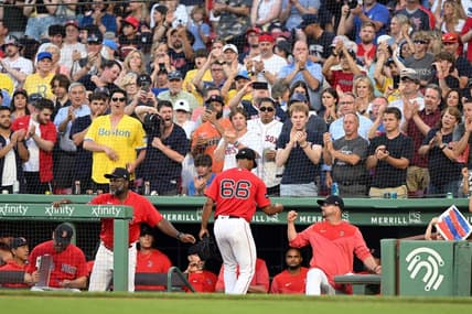 Jun 29, 2023; Boston, Massachusetts, USA; Boston Red Sox starting pitcher Brayan Bello (66) walks off of the field after being taking out of a game against the Miami Marlins in the eighth inning at Fenway Park. Mandatory Credit: Brian Fluharty-USA TODAY Sports