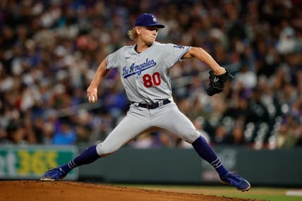 Jun 29, 2023; Denver, Colorado, USA; Los Angeles Dodgers starting pitcher Emmet Sheehan (80) pitches in the first inning against the Colorado Rockies at Coors Field. Mandatory Credit: Isaiah J. Downing-USA TODAY Sports