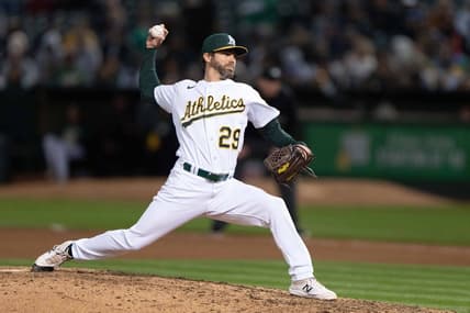 Jun 28, 2023; Oakland, California, USA;   Oakland Athletics relief pitcher Austin Pruitt (29) pitches during the seventh inning against the New York Yankees at Oakland-Alameda County Coliseum. Mandatory Credit: Stan Szeto-USA TODAY Sports