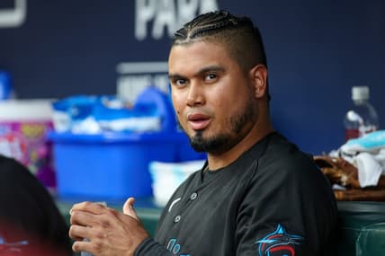 Jun 30, 2023; Atlanta, Georgia, USA; Miami Marlins second baseman Luis Arraez (3) in the dugout against the Atlanta Braves in the second inning at Truist Park. Mandatory Credit: Brett Davis-USA TODAY Sports