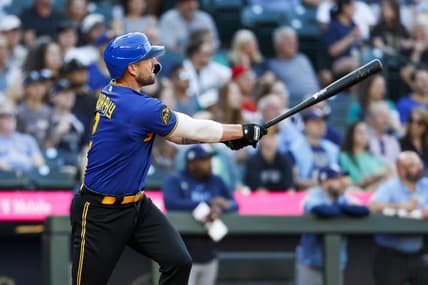 Jun 30, 2023; Seattle, Washington, USA; Seattle Mariners designated hitter Tom Murphy (2) hits a two-run home run against the Tampa Bay Rays during the second inning at T-Mobile Park. Mandatory Credit: Joe Nicholson-USA TODAY Sports