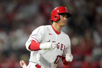 Jun 30, 2023; Anaheim, California, USA; Los Angeles Angels starting pitcher Shohei Ohtani (17) rounds the bases after hitting a home run in the sixth inning against the Arizona Diamondbacks at Angel Stadium. Mandatory Credit: Kirby Lee-USA TODAY Sports
