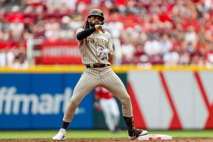 Jul 1, 2023; Cincinnati, Ohio, USA; San Diego Padres right fielder Fernando Tatis Jr. (23) reacts after hitting a RBI double against the Cincinnati Reds in the third inning at Great American Ball Park. Mandatory Credit: Katie Stratman-USA TODAY Sports