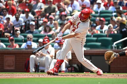 Jul 1, 2023; St. Louis, Missouri, USA; St. Louis Cardinals first baseman Alec Burleson (41) hits an RBI single against the New York Yankees in the third inning in game one of a double header at Busch Stadium. Mandatory Credit: Joe Puetz-USA TODAY Sports