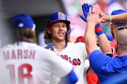 Jul 1, 2023; Philadelphia, Pennsylvania, USA; Philadelphia Phillies infielder Alec Bohm (28) celebrates in the dugout after hitting a two-run home run against the Washington Nationals in the third inning at Citizens Bank Park. Mandatory Credit: Kyle Ross-USA TODAY Sports