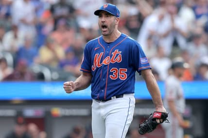 Jul 1, 2023; New York City, New York, USA; New York Mets starting pitcher Justin Verlander (35) reacts during the seventh inning against the San Francisco Giants at Citi Field. Mandatory Credit: Brad Penner-USA TODAY Sports