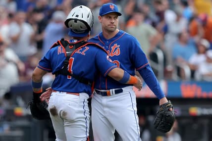 Jul 1, 2023; New York City, New York, USA; New York Mets catcher Francisco Alvarez (4) hugs relief pitcher Adam Ottavino (0) after defeating the San Francisco Giants at Citi Field. Mandatory Credit: Brad Penner-USA TODAY Sports