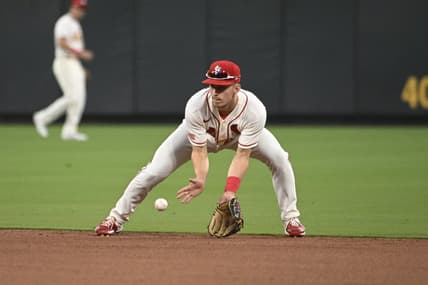 Jul 1, 2023; St. Louis, Missouri, USA; St. Louis Cardinals center fielder Tommy Edman (19) fields a ground ball by the New York Yankees in the eighth inning in game one of a double header at Busch Stadium. Mandatory Credit: Joe Puetz-USA TODAY Sports