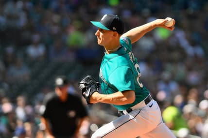 Jul 1, 2023; Seattle, Washington, USA; Seattle Mariners starting pitcher George Kirby (68) pitches to the Tampa Bay Rays during the first inning at T-Mobile Park. Mandatory Credit: Steven Bisig-USA TODAY Sports