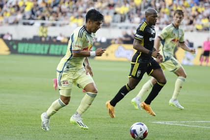 Jul 1, 2023; Columbus, Ohio, USA;  New York Red Bulls midfielder Omir Fernandez (21) dribbles in the first half against the Columbus Crew at Lower.com Field. Mandatory Credit: Rick Osentoski-USA TODAY Sports