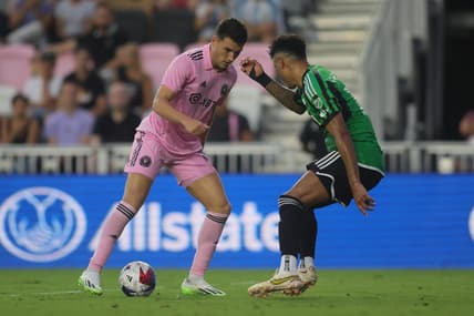 Jul 1, 2023; Fort Lauderdale, Florida, USA; Inter Miami forward Robbie Robinson (19) controls the ball against Austin FC defender Julio Cascante (18) during the first half at DRV PNK Stadium. Mandatory Credit: Sam Navarro-USA TODAY Sports