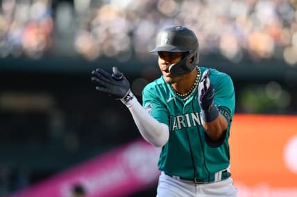 Jul 1, 2023; Seattle, Washington, USA; Seattle Mariners center fielder Julio Rodriguez (44) celebrates after hitting a single against the Tampa Bay Rays during the seventh inning at T-Mobile Park. Mandatory Credit: Steven Bisig-USA TODAY Sports