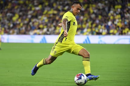 Jul 1, 2023; Nashville, Tennessee, USA; Nashville SC midfielder Randall Leal (8) passes the ball during the second half against the D.C. United at Geodis Park. Mandatory Credit: Christopher Hanewinckel-USA TODAY Sports