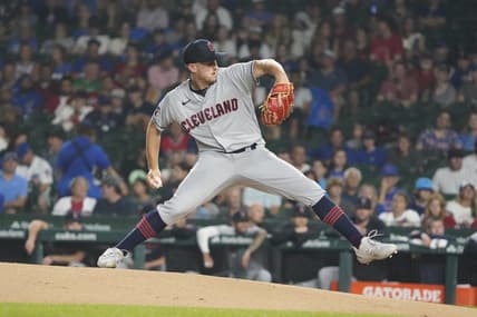 Jul 1, 2023; Chicago, Illinois, USA; Cleveland Guardians starting pitcher Tanner Bibee (61) throws the ball against the Chicago Cubs during the first inning at Wrigley Field. Mandatory Credit: David Banks-USA TODAY Sports