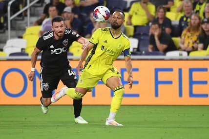 Jul 1, 2023; Nashville, Tennessee, USA; Nashville SC midfielder Hany Mukhtar (10) controls the ball during the second half against the D.C. United at Geodis Park. Mandatory Credit: Christopher Hanewinckel-USA TODAY Sports