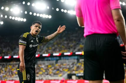 Jul 1, 2023; Columbus, Ohio, USA;  Columbus Crew forward Cucho Hernandez (9) argues with the linesman during the second half of the MLS soccer game against the New York Red Bulls at Lower.com Field. The Crew won 2-1.
