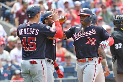 Jul 2, 2023; Philadelphia, Pennsylvania, USA;  Washington Nationals left fielder Stone Garrett (36) celebrates his grand slam home run with designated hitter Joey Meneses (45) against the Philadelphia Phillies during the third inning at Citizens Bank Park. Mandatory Credit: Eric Hartline-USA TODAY Sports
