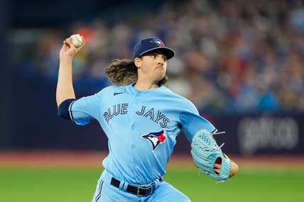 Jul 2, 2023; Toronto, Ontario, CAN;  Toronto Blue Jays starting pitcher Kevin Gausman (34) pitches to the Boston Red Sox during the first inning at Rogers Centre. Mandatory Credit: Kevin Sousa-USA TODAY Sports
