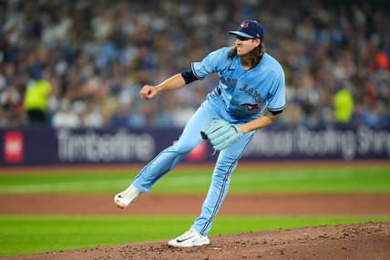 Jul 2, 2023; Toronto, Ontario, CAN; Toronto Blue Jays starting pitcher Kevin Gausman (34) pitches to the Boston Red Sox during the third inning at Rogers Centre. Mandatory Credit: Kevin Sousa-USA TODAY Sports