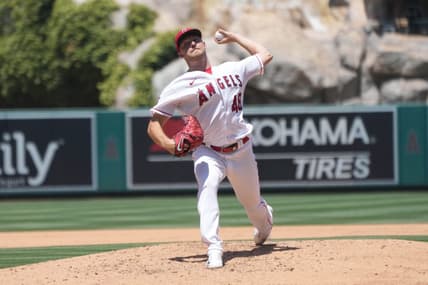 Jul 2, 2023; Anaheim, California, USA; Los Angeles Angels starting pitcher Reid Detmers (48) throws in the third inning against the Arizona Diamondbacks at Angel Stadium. Mandatory Credit: Kirby Lee-USA TODAY Sports