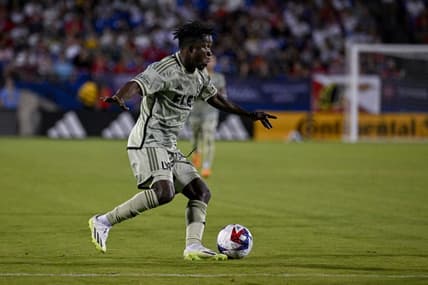 Jul 1, 2023; Frisco, Texas, USA; Los Angeles FC forward Kwadwo Opoku (22) in action during the game between FC Dallas and Los Angeles FC at Toyota Stadium. Mandatory Credit: Jerome Miron-USA TODAY Sports