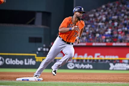 Jul 3, 2023; Arlington, Texas, USA; Houston Astros first baseman Jose Abreu (79) rounds third base and scores the go ahead run against the Texas Rangers during the ninth inning at Globe Life Field. Mandatory Credit: Jerome Miron-USA TODAY Sports