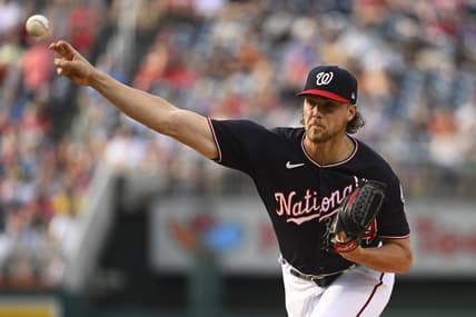 Jul 3, 2023; Washington, District of Columbia, USA; Washington Nationals starting pitcher Jake Irvin (74) throws to the Cincinnati Reds during the first inning at Nationals Park. Mandatory Credit: Brad Mills-USA TODAY Sports