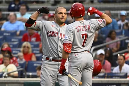 Jul 3, 2023; Washington, District of Columbia, USA; Cincinnati Reds first baseman Joey Votto (19) is congratulated by first baseman Spencer Steer (7) after hitting a two run home run against the Washington Nationals during the fourth inning at Nationals Park. Mandatory Credit: Brad Mills-USA TODAY Sports