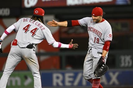 Jul 3, 2023; Washington, District of Columbia, USA; Cincinnati Reds first baseman Joey Votto (19) and shortstop Elly De La Cruz (44) celebrate after the game against the Washington Nationals at Nationals Park. Mandatory Credit: Brad Mills-USA TODAY Sports