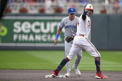 Jul 3, 2023; Minneapolis, Minnesota, USA;  Minnesota Twins infielder Carlos Correa (4) celebrates his double against the Kansas City Royals during the first inning at Target Field. Mandatory Credit: Nick Wosika-USA TODAY Sports