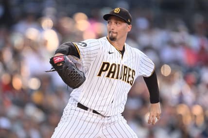 Jul 3, 2023; San Diego, California, USA; San Diego Padres starting pitcher Blake Snell (4) throws a pitch against the Los Angeles Angels during the first inning at Petco Park. Mandatory Credit: Orlando Ramirez-USA TODAY Sports