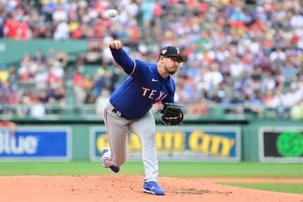 Jul 4, 2023; Boston, Massachusetts, USA;  Texas Rangers starting pitcher Dane Dunning (33) pitches against the Boston Red Sox during the first inning at Fenway Park. Mandatory Credit: Eric Canha-USA TODAY Sports
