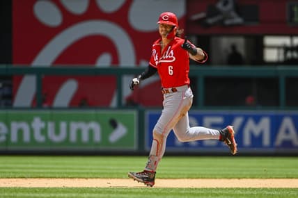 Jul 4, 2023; Washington, District of Columbia, USA; Cincinnati Reds second baseman Jonathan India (6) gestures to the dugout after hitting a solo home run against the Washington Nationals during the sixth inning at Nationals Park. Mandatory Credit: Brad Mills-USA TODAY Sports