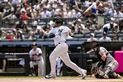 Jul 4, 2023; Bronx, New York, USA; New York Yankees second baseman Gleyber Torres (25) hits a two-run home run against the Baltimore Orioles during the first inning at Yankee Stadium. Mandatory Credit: John Jones-USA TODAY Sports