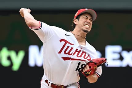 Jul 4, 2023; Minneapolis, Minnesota, USA; Minnesota Twins starting pitcher Kenta Maeda (18) throws a pitch against the Kansas City Royals during the first inning at Target Field. Mandatory Credit: Jeffrey Becker-USA TODAY Sports