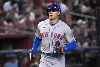 Jul 4, 2023; Phoenix, Arizona, USA; New York Mets center fielder Brandon Nimmo (9) runs the bases after hitting a solo home run against the Arizona Diamondbacks during the fifth inning at Chase Field. Mandatory Credit: Joe Camporeale-USA TODAY Sports