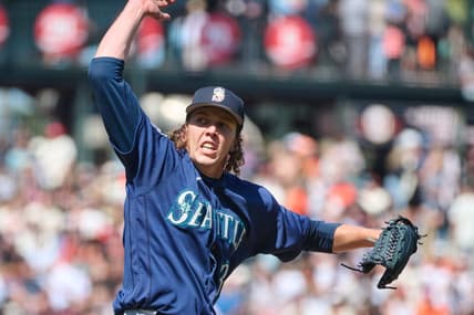 Jul 4, 2023; San Francisco, California, USA; Seattle Mariners pitcher Logan Gilbert (36) reacts after the final out of the ninth inning against the San Francisco Giants at Oracle Park. Mandatory Credit: Robert Edwards-USA TODAY Sports