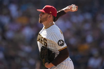 Jul 4, 2023; San Diego, California, USA;  San Diego Padres starting pitcher Joe Musgrove (44) throws a pitch against the Los Angeles Angels during the third inning at Petco Park. Mandatory Credit: Ray Acevedo-USA TODAY Sports