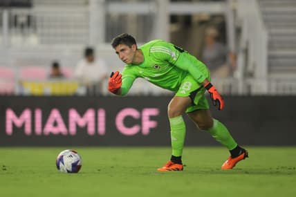 Jul 4, 2023; Fort Lauderdale, Florida, USA; Columbus Crew SC goalkeeper Patrick Schulte (28) plays the ball during the first half against the Inter Miami at DRV PNK Stadium. Mandatory Credit: Sam Navarro-USA TODAY Sports