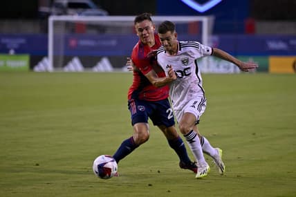 Jul 4, 2023; Frisco, Texas, USA; FC Dallas defender Sam Junqua (29) and D.C. United forward Pedro Santos (7) battle for control of the ball during the first half at Toyota Stadium. Mandatory Credit: Jerome Miron-USA TODAY Sports
