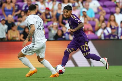 Jul 4, 2023; Orlando, Florida, USA;  Orlando City SC forward Facundo Torres (17) controls the ball against Toronto FC in the first half at Exploria Stadium. Mandatory Credit: Nathan Ray Seebeck-USA TODAY Sports