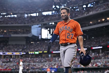 Jul 3, 2023; Arlington, Texas, USA; Houston Astros second baseman Jose Altuve (27) during the game between the Texas Rangers and the Houston Astros at Globe Life Field. Mandatory Credit: Jerome Miron-USA TODAY Sports