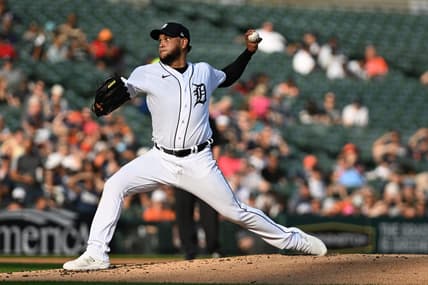 Jul 5, 2023; Detroit, Michigan, USA; Detroit Tigers starting pitcher Eduardo Rodriguez (57) throws a pitch against the Oakland Athletics in the second inning at Comerica Park. Mandatory Credit: Lon Horwedel-USA TODAY Sports