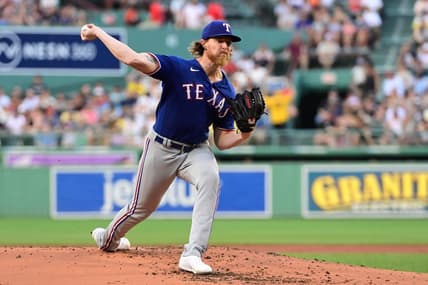 Jul 5, 2023; Boston, Massachusetts, USA; Texas Rangers starting pitcher Jon Gray (22) pitches against the Boston Red Sox during the first inning at Fenway Park. Mandatory Credit: Eric Canha-USA TODAY Sports