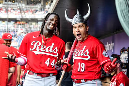 Jul 5, 2023; Washington, District of Columbia, USA; Cincinnati Reds first baseman Joey Votto (19) reacts with shortstop Elly De La Cruz (44) after hitting a solo home run against the Washington Nationals during the first inning at Nationals Park. Mandatory Credit: Brad Mills-USA TODAY Sports