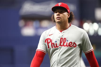 Jul 5, 2023; St. Petersburg, Florida, USA;  Philadelphia Phillies starting pitcher Taijuan Walker (99) walks back to the dugout at the end of the first inning against the Tampa Bay Rays at Tropicana Field. Mandatory Credit: Kim Klement-USA TODAY Sports