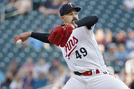 Jul 5, 2023; Minneapolis, Minnesota, USA; Minnesota Twins starting pitcher Pablo Lopez (49) throws to the Kansas City Royals in the first inning at Target Field. Mandatory Credit: Bruce Kluckhohn-USA TODAY Sports